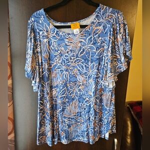 Ruby Rd. Blue and Orange Floral Blouse